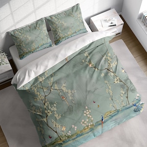 Chinoiserie White Flower Tree Birds Duvet Cover Set, Botanical Bedding, Nature Floral Comforter Cover, Single Double Full Queen King Size