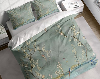 Chinoiserie White Flower Tree Birds Duvet Cover Set, Botanical Bedding, Nature Floral Comforter Cover, Single Double Full Queen King Size