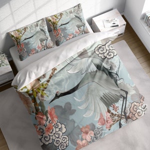 Cranes Cloud Flower Duvet Cover Set, Botanical Quilt Cover, Comforter Bedding Set w Pillowcases, Twin Full Queen King Size, US UK AU