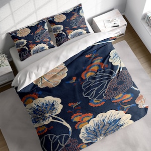 Crane Shading Duvet Cover Set, Asian Japanese Bedding Set, Comforter Cover w Pillowcases, Single Double Twin Full Queen King Size