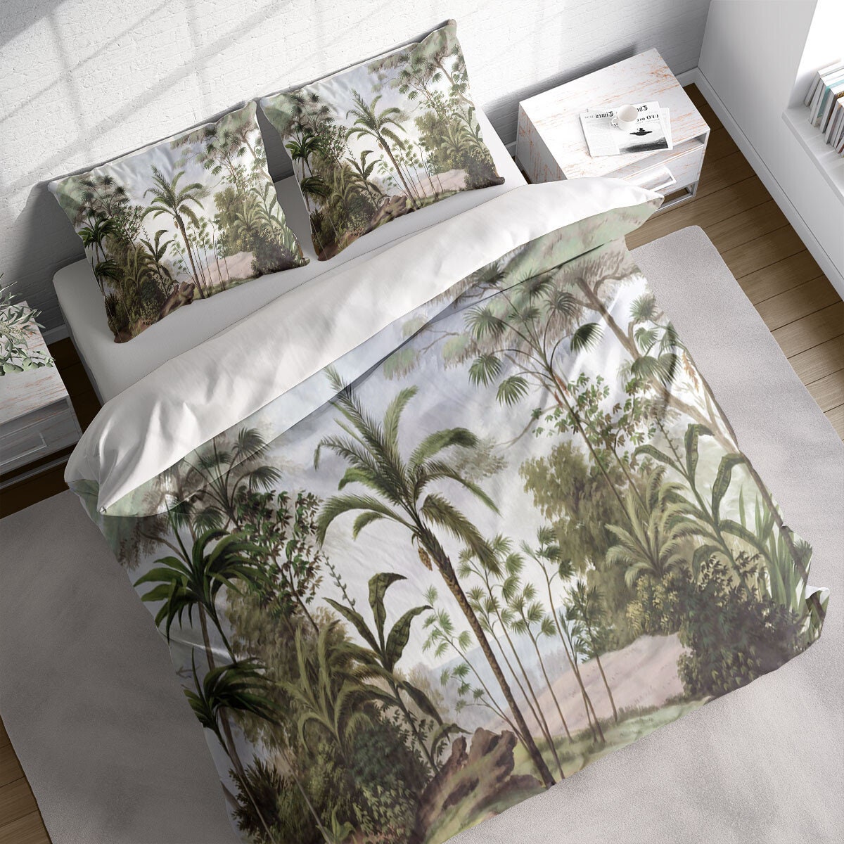 Jungle Leaves Duvet Cover Set Green Tropical Plant Bedding Etsy