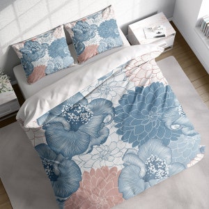 Pencil Luxury Flower Botanical Duvet Cover Set, Blue Floral Bedding, Single Double Full Cali Queen King Size, Text n Size Customizable
