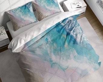 Conjunto de capa de edredom com pintura de ondas do mar e fronhas, rosa e azul, solteiro, casal, queen, king, tamanhos EUA/AU