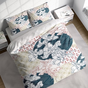 Traditional Flowers Japan Duvet Cover Set, Blue Floral Bedding, Single Double Full Cali Queen King Size, Text n Size Customizable