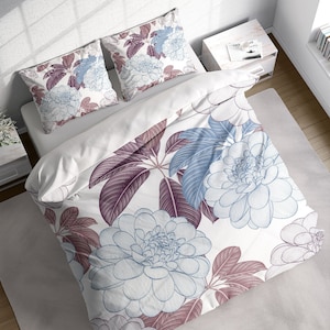 Pencil Drawing Flowers Botanical Duvet Cover Set, Blue Floral Bedding, Single Double Full Cali Queen King Size, Text n Size Customizable