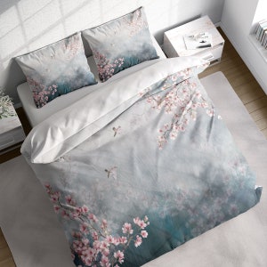 Japanese Cherry Blossom Sparrow Duvet Cover Set w Pillowcases, Grey Pink Floral Quilt Cover, Printed Single Double Queen King US / AU Size