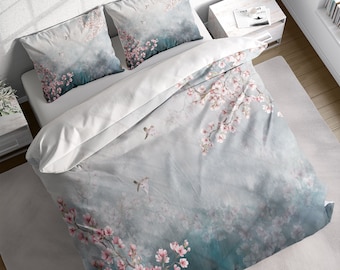 Japanese Cherry Blossom Sparrow Duvet Cover Set w Pillowcases, Grey Pink Floral Quilt Cover, Printed Single Double Queen King US / AU Size