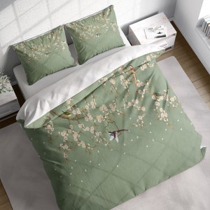 Japanese Cherry Blossom Sparrows Duvet Cover Set, Botanical Bedding, Nature Floral Comforter Cover, Single Double Full Queen King Size