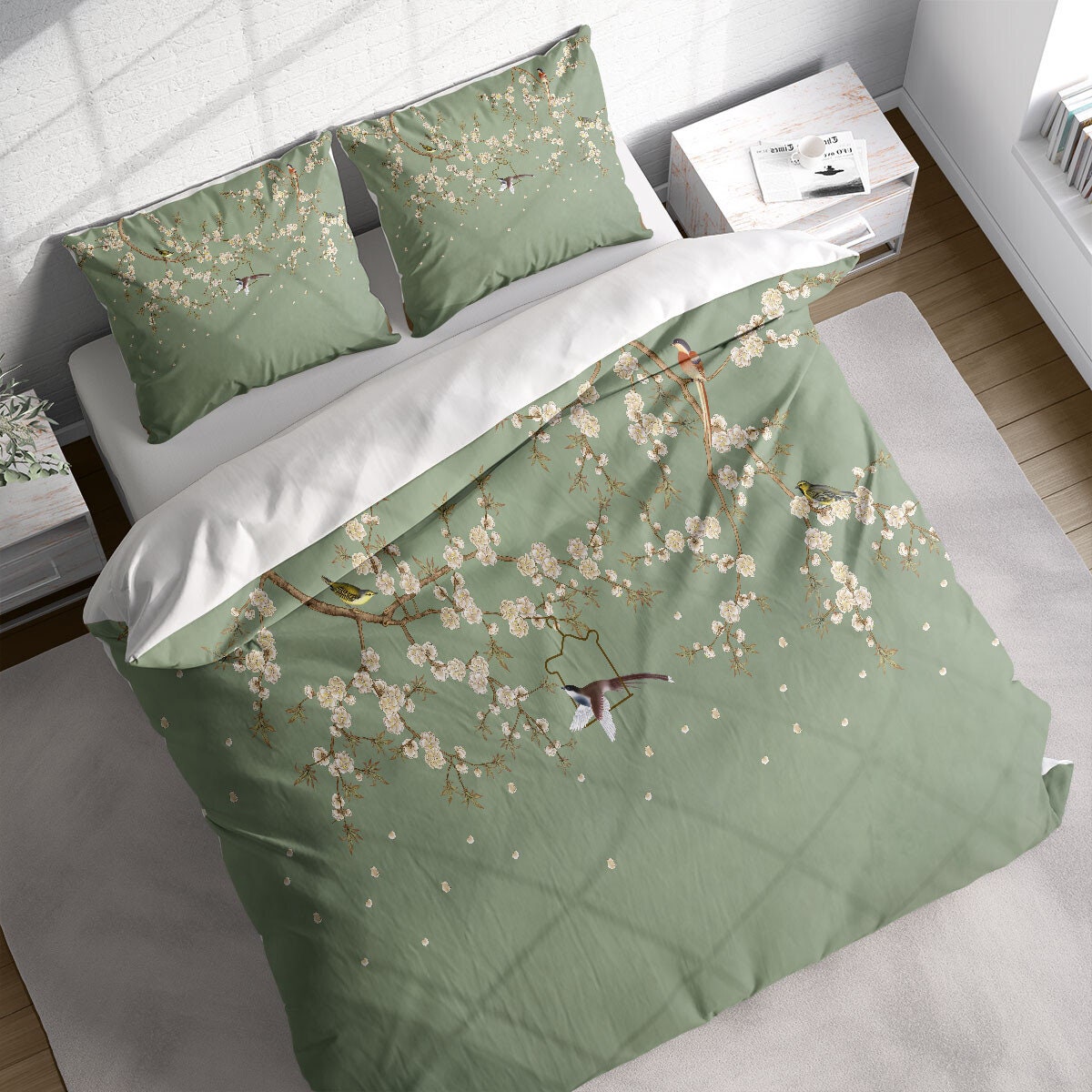 Japanese Cherry Blossom Sparrows Duvet Cover Set, Botanical Bedding, Nature Floral Comforter Cover, Single Double Full Queen King Size