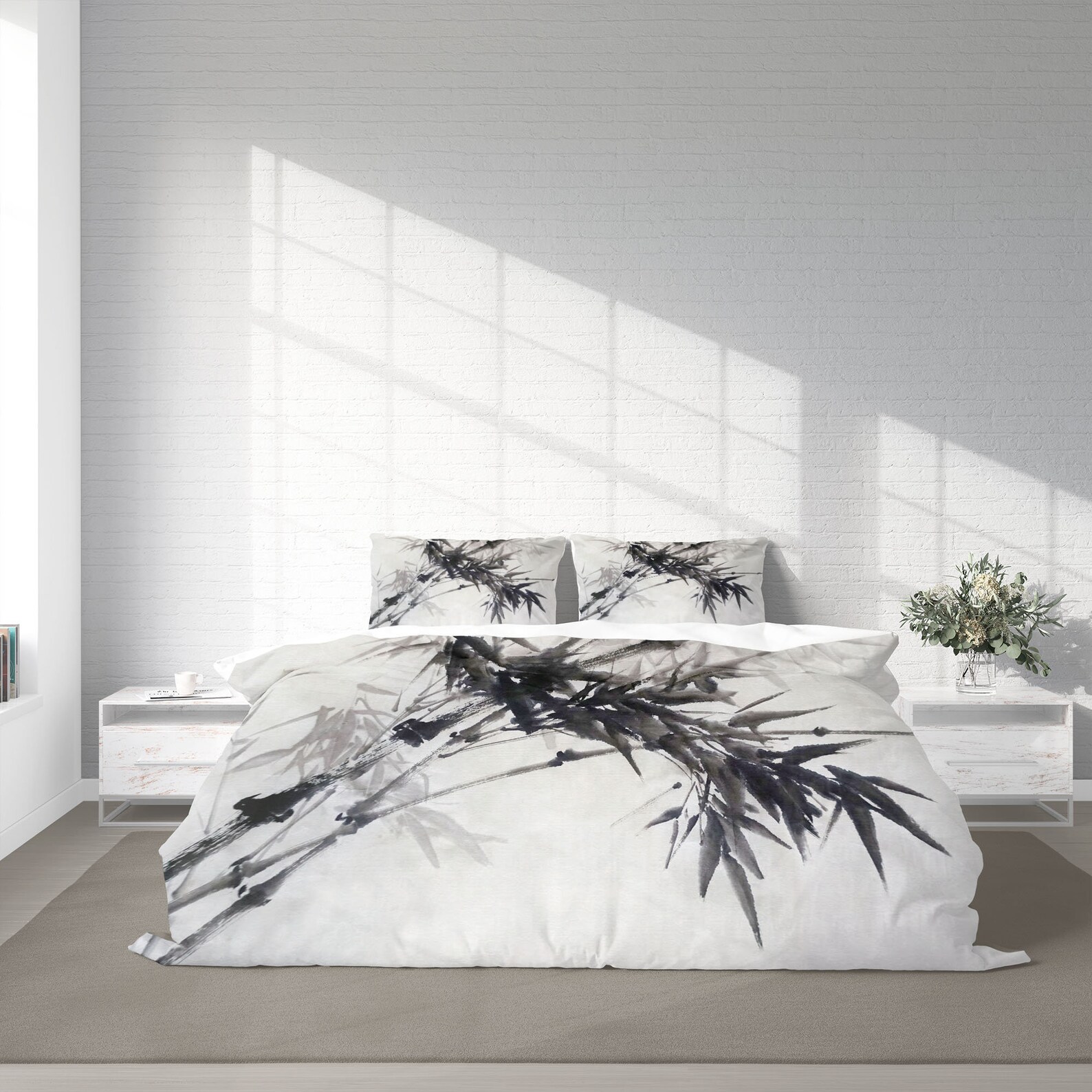 Chinese Ink Bamboo Duvet Cover Set, Japanese Botanical Leaves Quilt ...