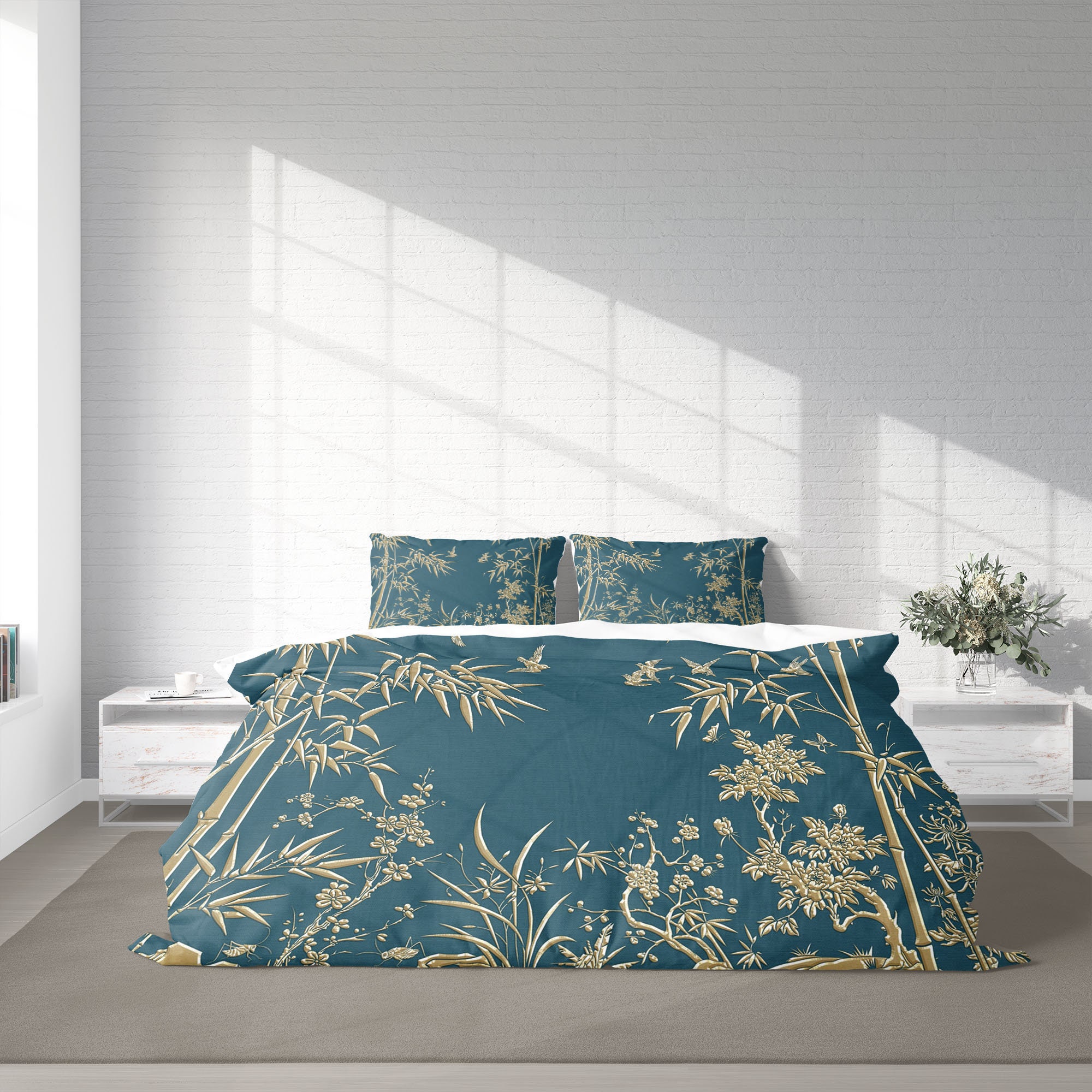 Chinese Bamboo Forest Duvet Cover Set, Japanese Botanical Leaves Quilt ...