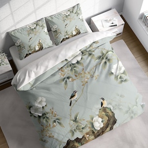 Chinoiserie Flower Garden Birds Duvet Cover Set, Botanical Bedding, Nature Floral Comforter Cover, Single Double Full Queen King Size