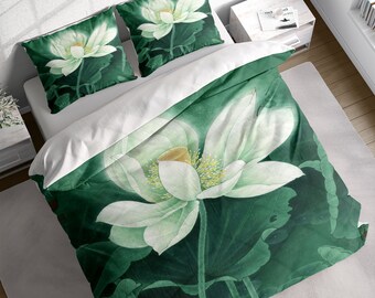 Green Lotus Night Duvet Cover Set, Floral Chinese Bedding Set, Botanical Comforter Cover w Pillowcases, Twin Full Queen King Size