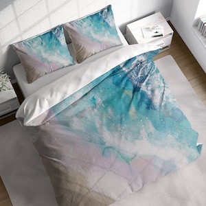 Beach Wave Blue Painting Duvet Cover Set , Summer Blue Bedding Set, Banana Leaf Cotton Quilt Cover, Single Double Full Queen King Size