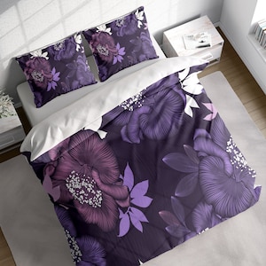 Delicate Flowers Bloom Botanical dekbedovertrekset, beddengoed met paarse bloemen, eenpersoons dubbel full Cali queen king size, tekst en maat aanpasbaar