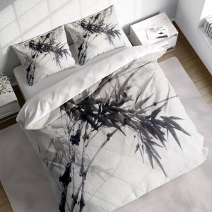Chinese Ink Bamboo Duvet Cover Set, Japanese Botanical Leaves Quilt Cover, Nature Floral Bedding, Single Double Full Queen King US / AU Size