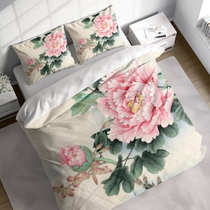 Peony Spring Duvet Cover Set, Floral Chinese Bedding Set, Botanical Comforter Cover w Pillowcases, Single Double Twin Full Queen King Size