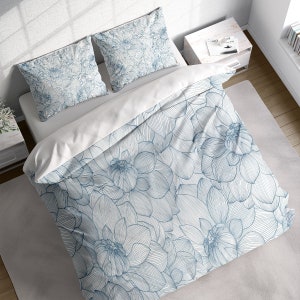 Exquisite Blooming Lotus Botanical Duvet Cover Set, Blue Floral Bedding, Single Double Full Cali Queen King Size, Text n Size Customizable