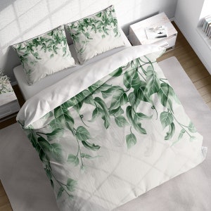 Leafy Branches Duvet Cover Set, Green Botanical Leaves Comforter Cover Set, Cotton Nature Floral Bedding, Single Double Full Queen King Size