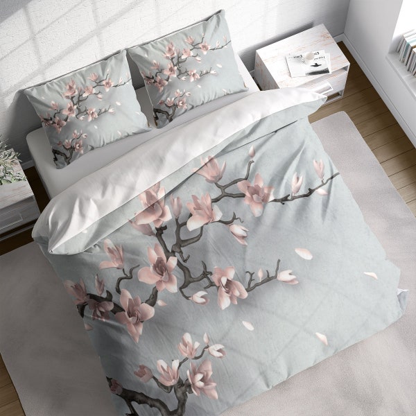 Magnolia Flower Branches Duvet Cover Set, Grey Pink Botanical Comforter Cover, Nature Bedding, Single Double Full Queen King US / AU Sizes