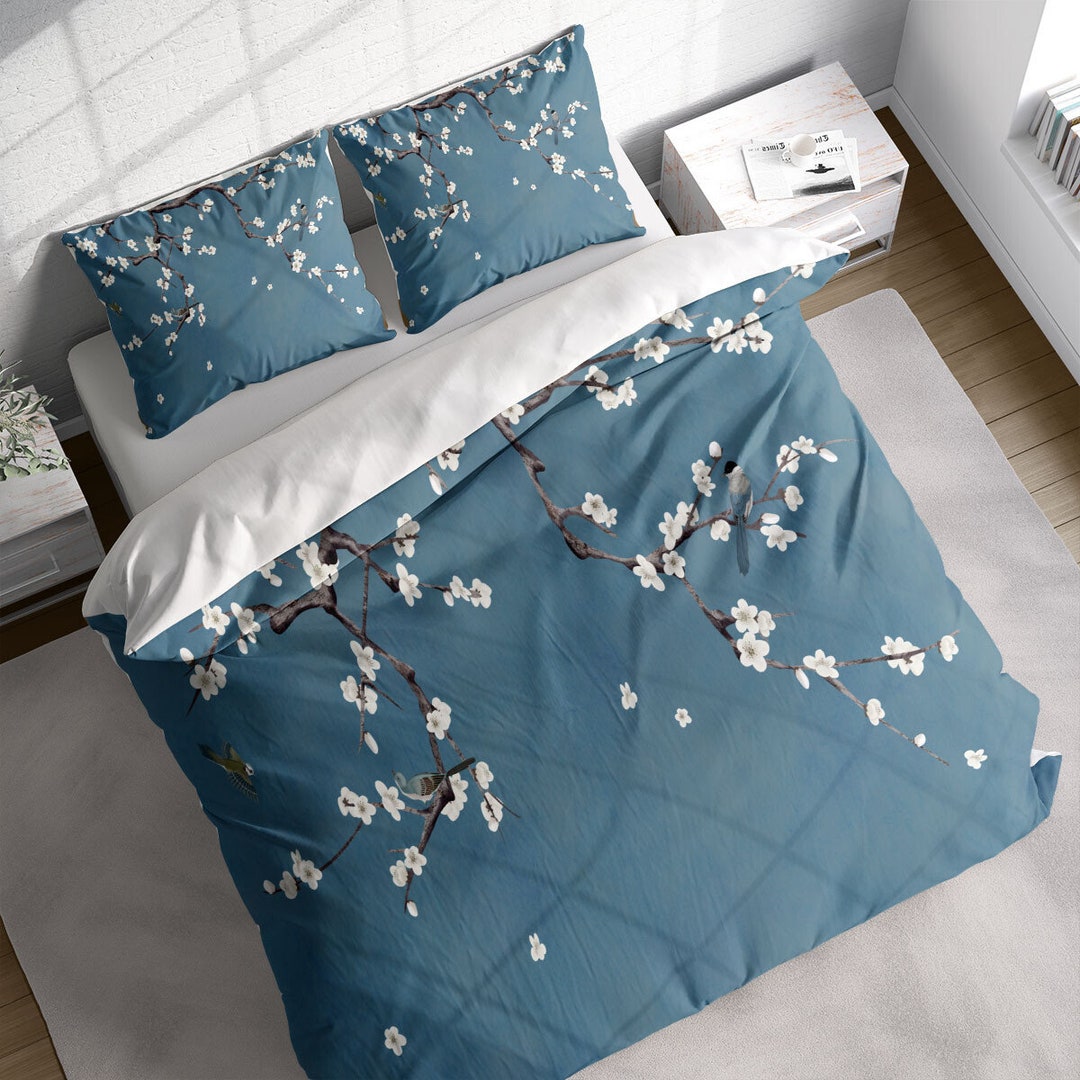 Chinoiserie White Cherry Blossom Duvet Cover Set, Botanical Bedding