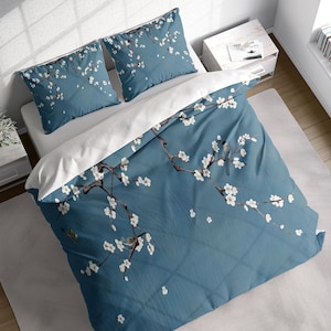 Chinoiserie White Cherry Blossom Duvet Cover Set, Botanical Bedding, Nature Floral Comforter Cover, Single Double Full Queen King Size