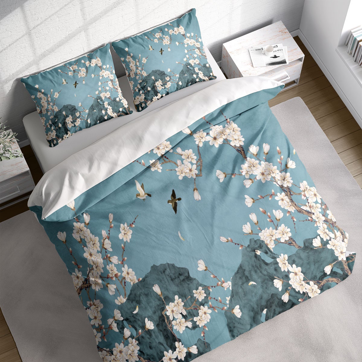 Japanese Flower Branch Bird Painting Duvet Cover Set W Pillowcases White Blue Chinese Floral Quilt Cover Double Queen King All US AU Sizes Etsy Australia