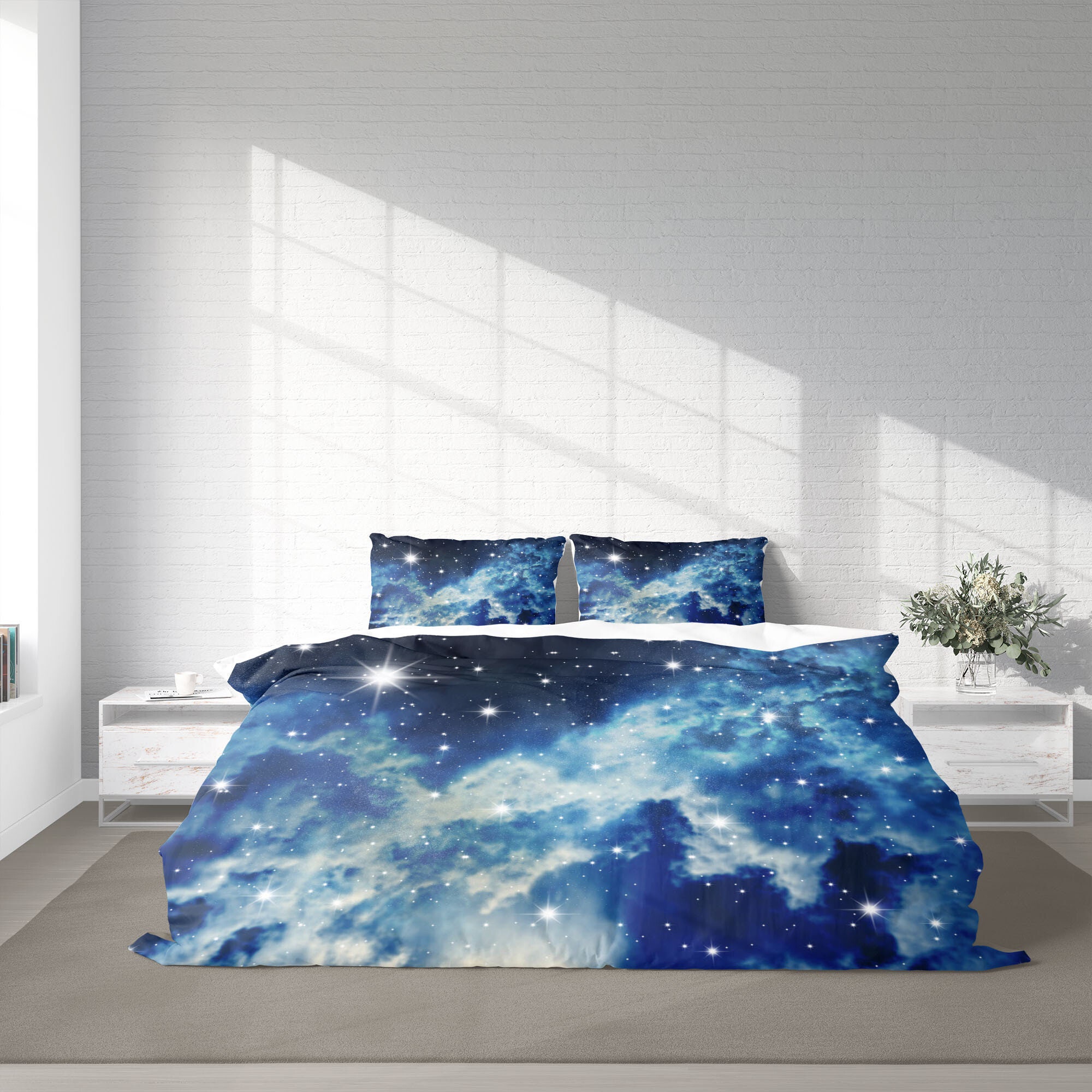 Starry Night Sky Duvet Cover Set, Space Galaxy Bedding Set, Blue Stars ...
