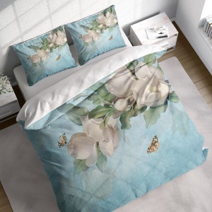 White Flower Butterflies Painting Duvet Cover w Pillowcase Set, Blue Floral Cotton Quilt Cover, Single Double Queen King All US UK AU Size
