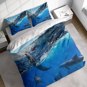Dolphins Duvet Cover Set, Under Water Sealife Bedding Set, Ocean Aquatic Animals Quilt Comforter Cover, Single Double Full Queen King Size
