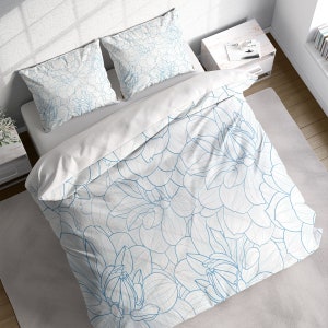 Delicate Flowers Botanical Duvet Cover Set, Blue Floral Bedding, Single Double Full Cali Queen King Size, Text n Size Customizable