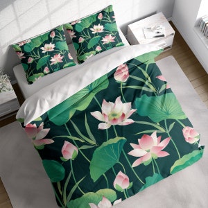 Lotus Flower Leaves Duvet Cover Set, Botanical Quilt Cover, Comforter Bedding Set w Pillowcases, Twin Full Queen King Size, US UK AU