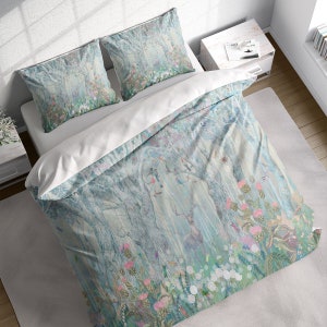 Mysterious Animals Duvet Cover Set, Fantasy Deer Forest Birds Bedding Set, Floral Quilt Cover, Comforter, Single Double Full Queen King Size