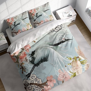 Cranes Cloud Peach Blossom Duvet Cover Set, Botanical Quilt Cover Bedding Set w Pillowcases, Twin Full Queen King Size, US UK AU