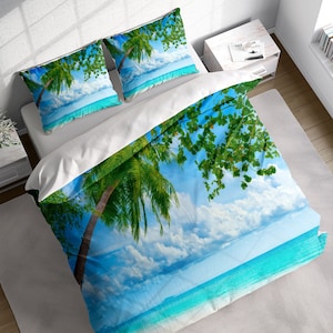 Sunny Summer Beach Duvet Cover Set, Blue Sky Bedding Set, Seaside Clouds Quilt Cover, Comforter Cover, Single Double Full Queen King Size