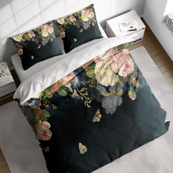 Dutch Floral Butterfly Duvet Cover Set w Matching Pillowcases, Dark Floral 3D Printed Quilt Cover, Single Double Queen King US / AU Size