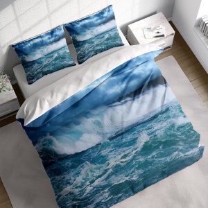 Angry Sea Wave Duvet Cover Set, Blue Wave Bedding Set, Dark Clouds Quilt Cover, Nature Photo Comforter, Single Double Full Queen King Size