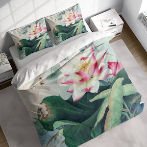 Lotus Bee Duvet Cover Set, Floral Chinese Bedding Set, Botanical Comforter Cover w Pillowcases, Single Double Twin Full Queen King Size