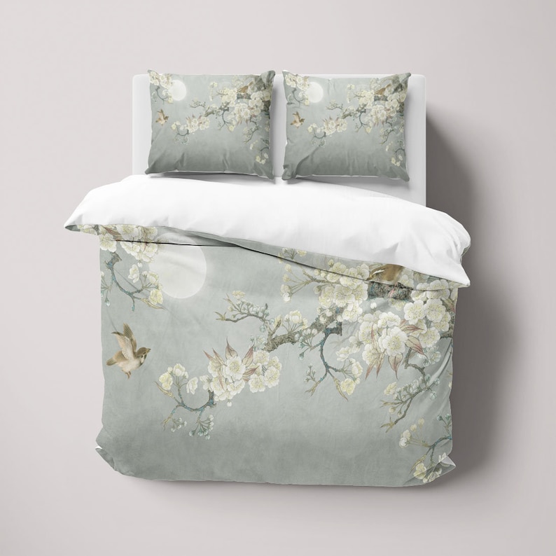 Japanese White Cherry Blossom Duvet Cover Set Chinese Floral Etsy