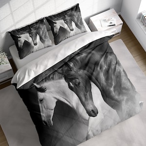 Wild Horse Couple Duvet Cover Set, Monochrome Bedding Set, Wildlife Animals Quilt Cover, Single Double Full Queen King Size, Grey, Cotton