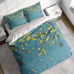 Japanese Yellow Ginkgo Leaves Birds Duvet Cover Set, Botanical Bedding, Nature Floral Comforter Cover, Single Double Full Queen King Size