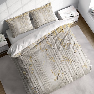 White Birch Forest and Birds Duvet Cover Set, Nature Botanical Bedding Set, Quilt Cover, Comforter Cover, Single Double Full Queen King Size