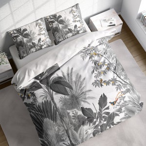 Tropical Leaves and Birds Duvet Cover Set, Nature Botanical Bedding Set, Quilt Cover, Comforter Cover, Single Double Full Queen King Size
