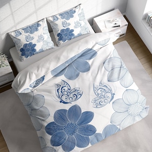 Flower Butterfly Botanical Duvet Cover Set, Blue Floral Bedding, Single Double Full Cali Queen King Size, Text n Size Customizable