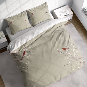 Japanese Cherry Blossom Red Birds Duvet Cover Set, Botanical Bedding, Nature Floral Comforter Cover, Single Double Full Queen King Size