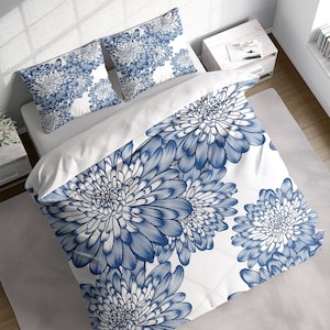 Pencil Smudging Mums Botanical Duvet Cover Set, Blue Floral Bedding, Single Double Full Cali Queen King Size, Text n Size Customizable