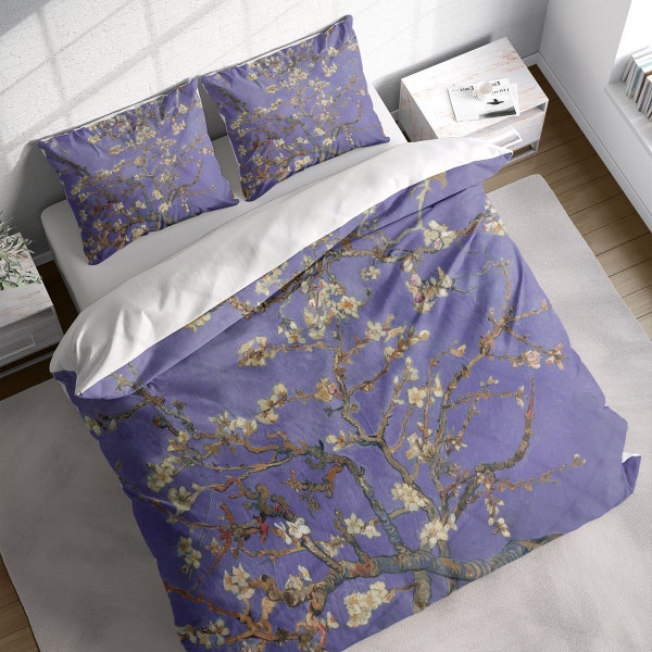 Purple Almond Blossom Van Gogh Painting Duvet Cover Set, Golden Hour Bedding Set, Japanese Floral Quilt Cover, Single Double Queen King Size