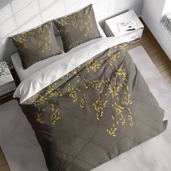 Ensemble de housse de couette feuilles d'arbre Ginkgo jaune japonais, literie botanique, housse de couette Nature Floral, simple Double pleine reine King Size