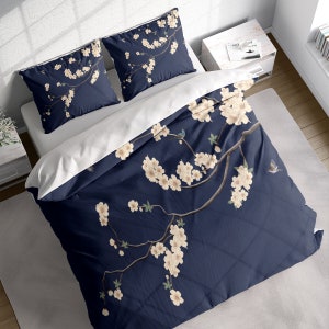 Japanese Flower Blossom Navy Blue Duvet Cover Set, Botanical Bedding, Nature Floral Comforter Cover, Single Double Full Queen King Size