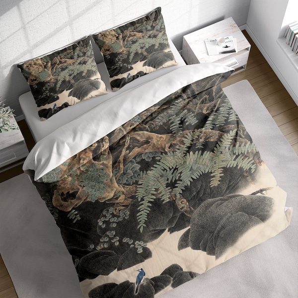 Ensemble de housse de couette Rock Grass Leaf Thrush, ensemble de literie chinois Floral, housse de couette botanique avec taies d'oreiller, Twin Full Queen King Size